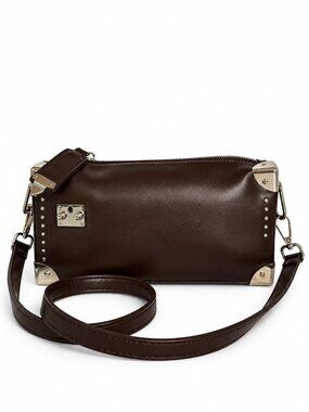 Dark Brown Leather Crossbody Bag with Silver Corner Accents